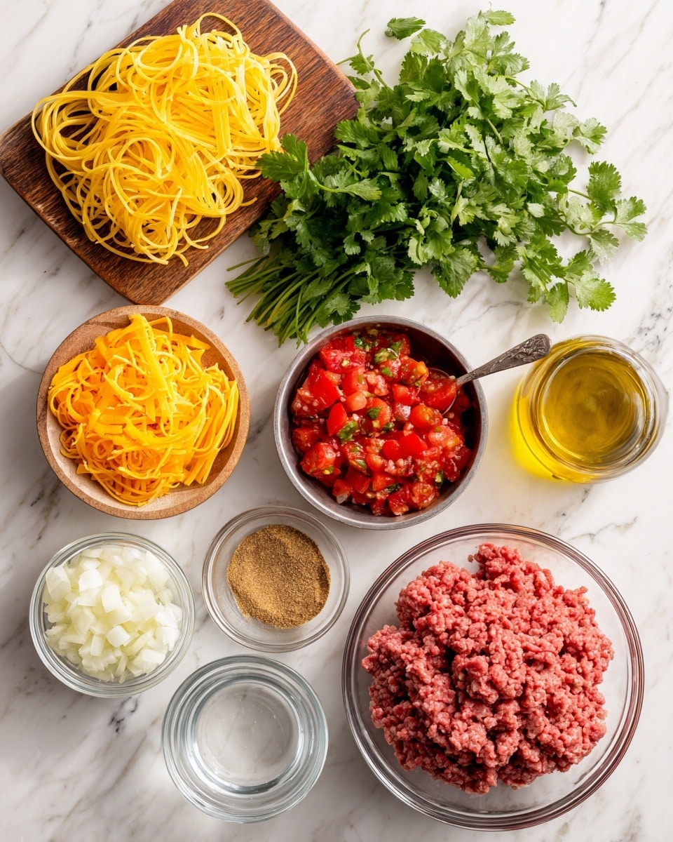 The image shows raw ingredients arranged neatly on a white marbled surface. At the top left, there are uncooked yellow spaghetti noodles alongside a pile of shredded bright orange cheddar cheese on a small wooden board. Below them is a bunch of fresh green cilantro. Toward the middle right, there is a small metal bowl filled with diced red tomatoes in sauce and a spoon inside. Underneath this is a glass bowl with light brown taco seasoning. To the right, a small glass bottle of golden olive oil sits next to a clear glass bowl filled with water. At the bottom left, there is a small glass bowl containing chopped white-yellow onions. Finally, in the bottom right corner, a large glass bowl holds a dense mound of pinkish-red ground beef with visible white fat pieces mixed in. photo taken with an iphone --ar 4:5 --v 7