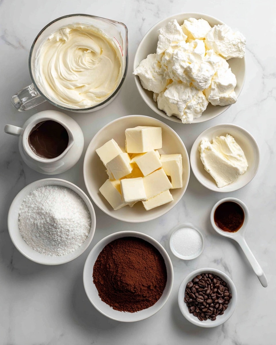 The image shows seven white bowls filled with different ingredients arranged on a white marbled surface. At the top left, a clear measuring cup holds 1 1/2 cups of heavy cream with a smooth, creamy texture visible inside. To the right, a white bowl contains 17 oz of fluffy, white marshmallow fluff. Below the cream, a white bowl holds 1 cup of cubed butter in pale yellow color. Next to the butter, a smaller white bowl is filled with 1 cup of rich dark brown unsweetened cocoa powder, finely textured. At the bottom left, a large white bowl has 2 cups of white sugar with a granulated texture. At the bottom right, a small white bowl holds 1 tablespoon of dark brown instant coffee granules. Above it, a tiny white bowl contains 1/4 teaspoon of fine white salt, with a white measuring spoon beside it. Near the marshmallow fluff, there is a small white bowl with 3 tablespoons of dark vanilla extract. All items are neatly arranged, and the text labels clearly show each ingredient and amount. Photo taken with an iphone --ar 4:5 --v 7