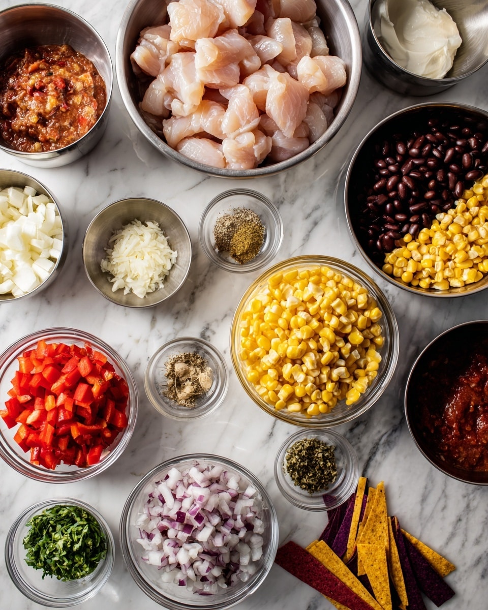 The image shows multiple small white bowls and metal bowls arranged on a white marbled surface, each containing different ingredients. One metal bowl holds raw light pink chicken pieces. Another metal bowl is divided into three sections filled with bright yellow corn, dark brown beans, and a yellow creamy mixture. Below these, clear bowls contain chopped red bell peppers, diced white onions, and a chunky red salsa. There are also small bowls with minced garlic, sour cream, and a mix of spices including green herbs, paprika, and cumin. A small pile of colorful tortilla strips in red, purple, and yellow lies near the bottom right. The setup looks clean and organized, ready for cooking. Photo taken with an iphone --ar 4:5 --v 7