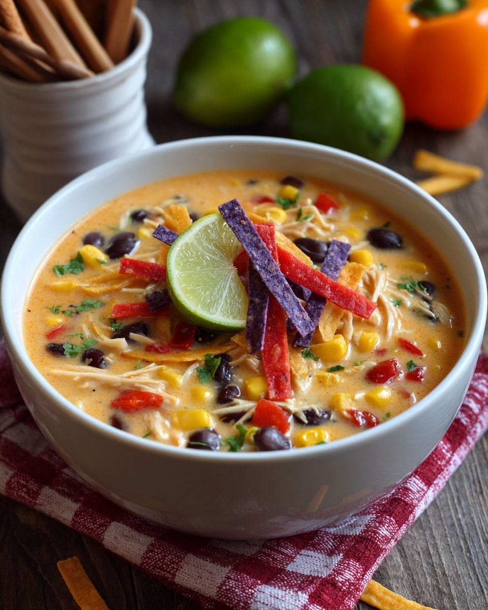A white bowl holds a creamy soup with visible layers of yellow corn kernels, black beans, red and orange bell pepper pieces, and shredded chicken mixed throughout the pale orange broth. On top, a small pile of colorful tortilla strips in purple, red, and light yellow adds texture and color, with a thin wedge of lime placed centrally. The bowl sits on a wooden surface, partly covered by a red and white checkered cloth, with scattered tortilla strips around. In the background, a white ceramic container filled with wooden spoons is visible, along with a whole orange bell pepper and a green lime beside it. Photo taken with an iphone --ar 4:5 --v 7