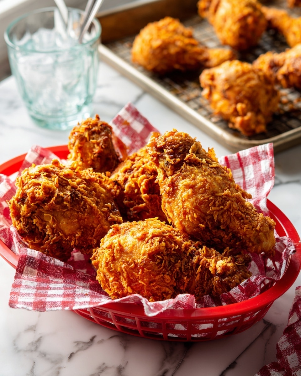 A red plastic basket holds several pieces of crunchy golden-brown fried chicken with an uneven, crumbly texture, resting on red and white checkered paper. The basket sits on a white marbled surface with glossy tiles. In the background, there's a baking tray with more fried chicken pieces, also golden and crispy. To the left, a glass of water with ice is partly visible. The scene is bright with natural light. photo taken with an iphone --ar 4:5 --v 7
