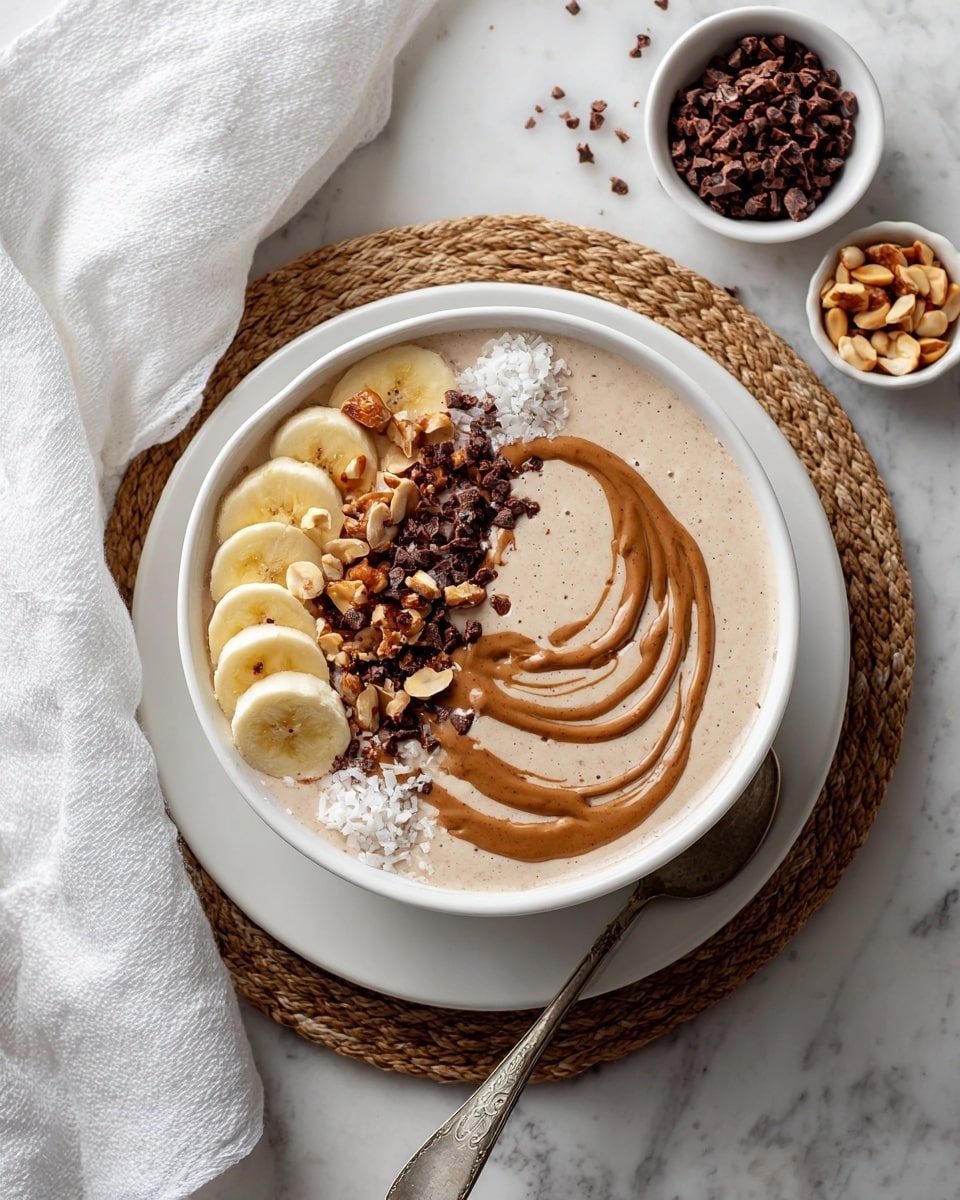A white bowl sits on a white plate, placed on a woven round mat over a white marbled surface with a white cloth nearby. Inside the bowl is a creamy beige smoothie topped with neat arcs of banana slices on the right side, chopped peanuts in the top right, dark crunchy cocoa nibs in the top left, and white coconut flakes in the bottom left. A drizzle of smooth brown nut butter swirls across the smoothie, tying the toppings together. To the right of the bowl, two small white bowls hold extra peanuts and cocoa nibs, with some scattered on the marbled surface. A spoon rests on the right edge of the plate. photo taken with an iphone --ar 4:5 --v 7