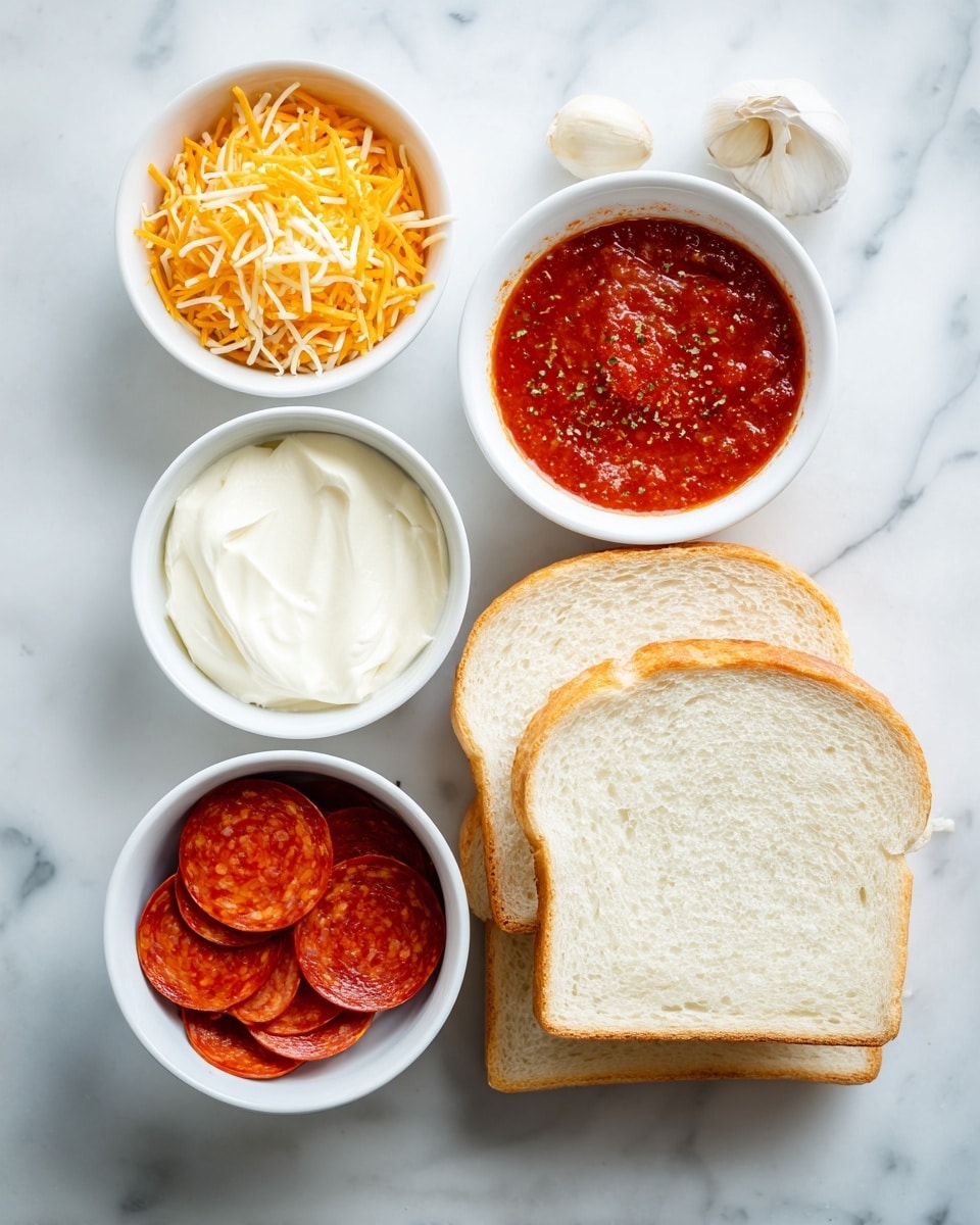 The image shows ingredients for making pizza bread placed on a white marbled surface. There are two slices of white bread stacked slightly on top of each other on the right side. Above the bread, a small piece of garlic clove is placed. To the left of the bread, there are four white bowls arranged vertically: the top bowl has shredded orange cheese, the second bowl contains a white creamy butter, the third bowl holds red pizza sauce with visible herbs, and the bottom bowl has several circular pepperoni slices arranged neatly. The scene is lit in bright natural light with clear labels identifying each ingredient. Photo taken with an iphone --ar 4:5 --v 7