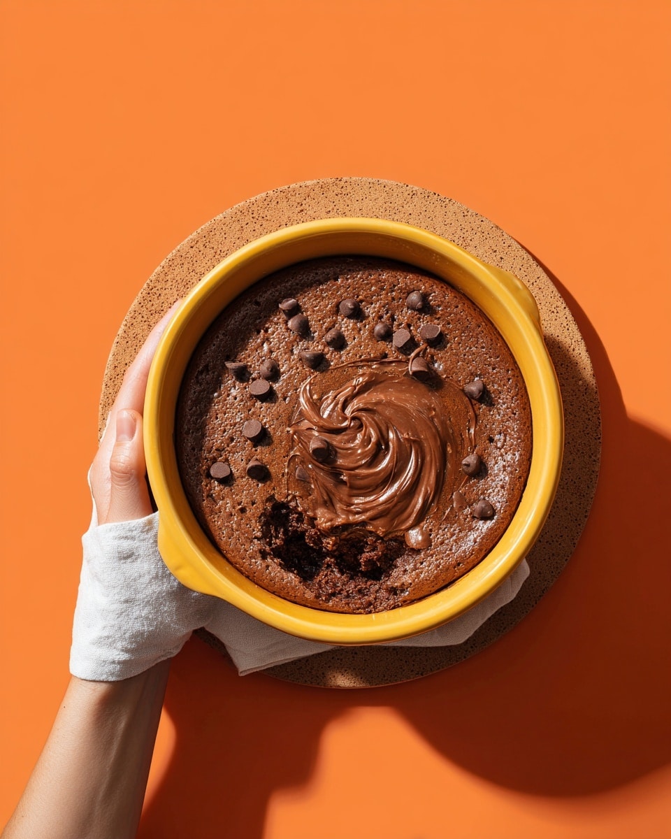 The left image shows a round, light brown chocolate baked dish in a yellow ceramic dish held by a woman's hand wrapped in a white cloth. The chocolate surface has a soft crust with small chocolate chips scattered on top and some cracks. The background is solid orange. The right image shows the same yellow ceramic dish on a round cork mat with the same chocolate baked dish now partially scooped out revealing a moist, darker, and gooier inner texture mixed with chocolate chips. A swirl of melted chocolate topping sits over the scooped part. The background remains solid orange. photo taken with an iphone --ar 4:5 --v 7