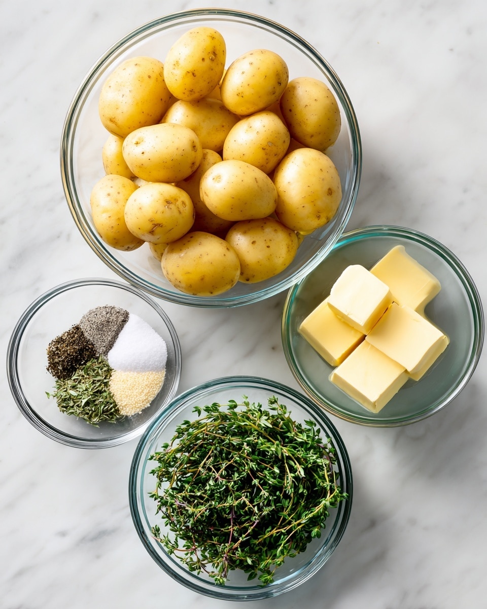 A top view of four clear glass bowls arranged on a white marbled surface; the largest bowl at the top center is filled with many smooth, yellow baby dutch potatoes, round and oval in shape; below it to the left is a smaller bowl holding a mix of salt, black pepper, and garlic powder in separate sections; to the right is another small bowl with four pale yellow cubes of unsalted butter; at the bottom center is a medium bowl filled with fresh green herbs including parsley, thyme, and rosemary finely chopped, showing varied shades of green. photo taken with an iphone --ar 4:5 --v 7
