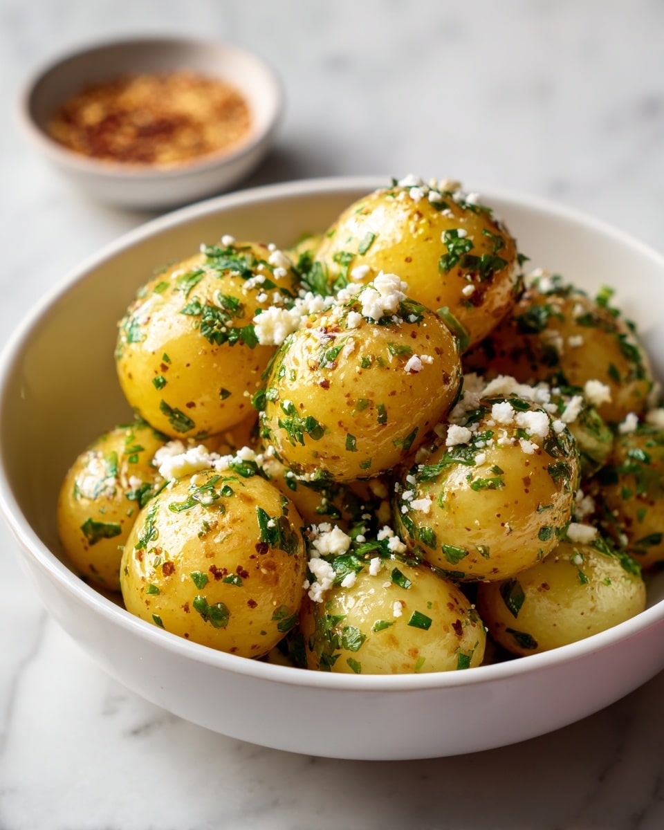 A white bowl filled with small round golden potatoes that have a light, smooth skin. The potatoes are coated with finely chopped green herbs that are spread evenly on their shiny surface. There are also small flakes of white cheese sprinkled across the top of the potatoes. A small bowl filled with a light brown spice blend is visible in the blurry background. The bowl sits on a white marbled surface. photo taken with an iphone --ar 4:5 --v 7