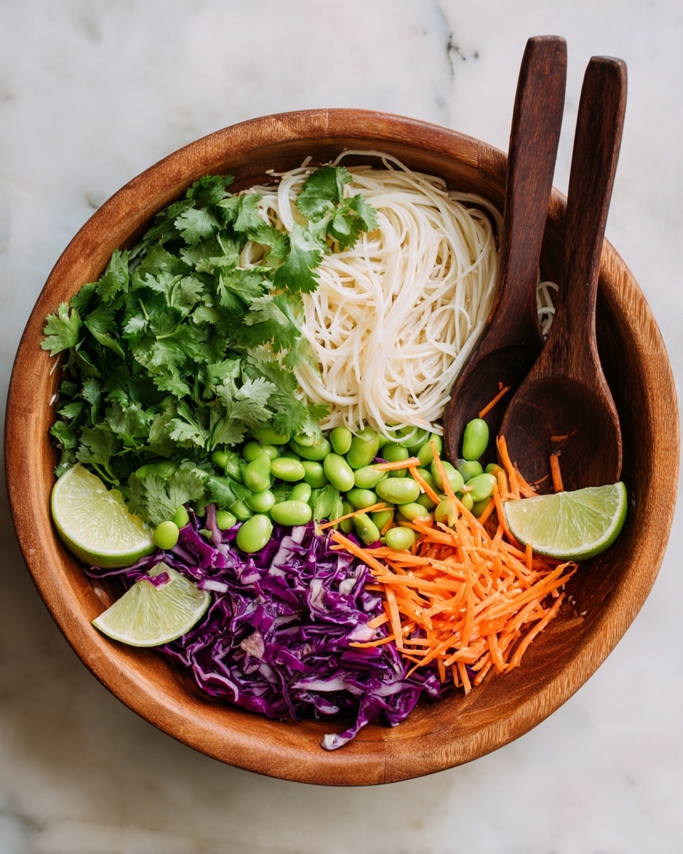 A wooden bowl filled with a colorful salad sitting on a white marbled surface, showing multiple layers. The bottom layer is white noodles with a smooth texture, topped with shredded purple cabbage and thin orange carrot strips scattered through. Small bright green edamame beans are mixed evenly within the salad. Fresh green cilantro leaves are spread on top, adding a leafy texture. Two lime wedges rest on one side of the bowl. Two dark wooden spoons stand upright in the salad from the right side. Photo taken with an iphone --ar 4:5 --v 7