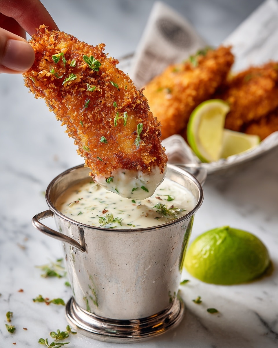 The image shows a close-up of a golden brown crispy fried strip being dipped into a small metal cup filled with thick white sauce topped with small green herb leaves. The fried strip is textured with crunchy crumbs and is held by a woman's hand on the left side of the frame. The metal cup is placed in a shiny metal holder attached to a stand, with a green lime and a piece of white paper with black text in the background. The background surface is a white marbled texture. photo taken with an iphone --ar 4:5 --v 7