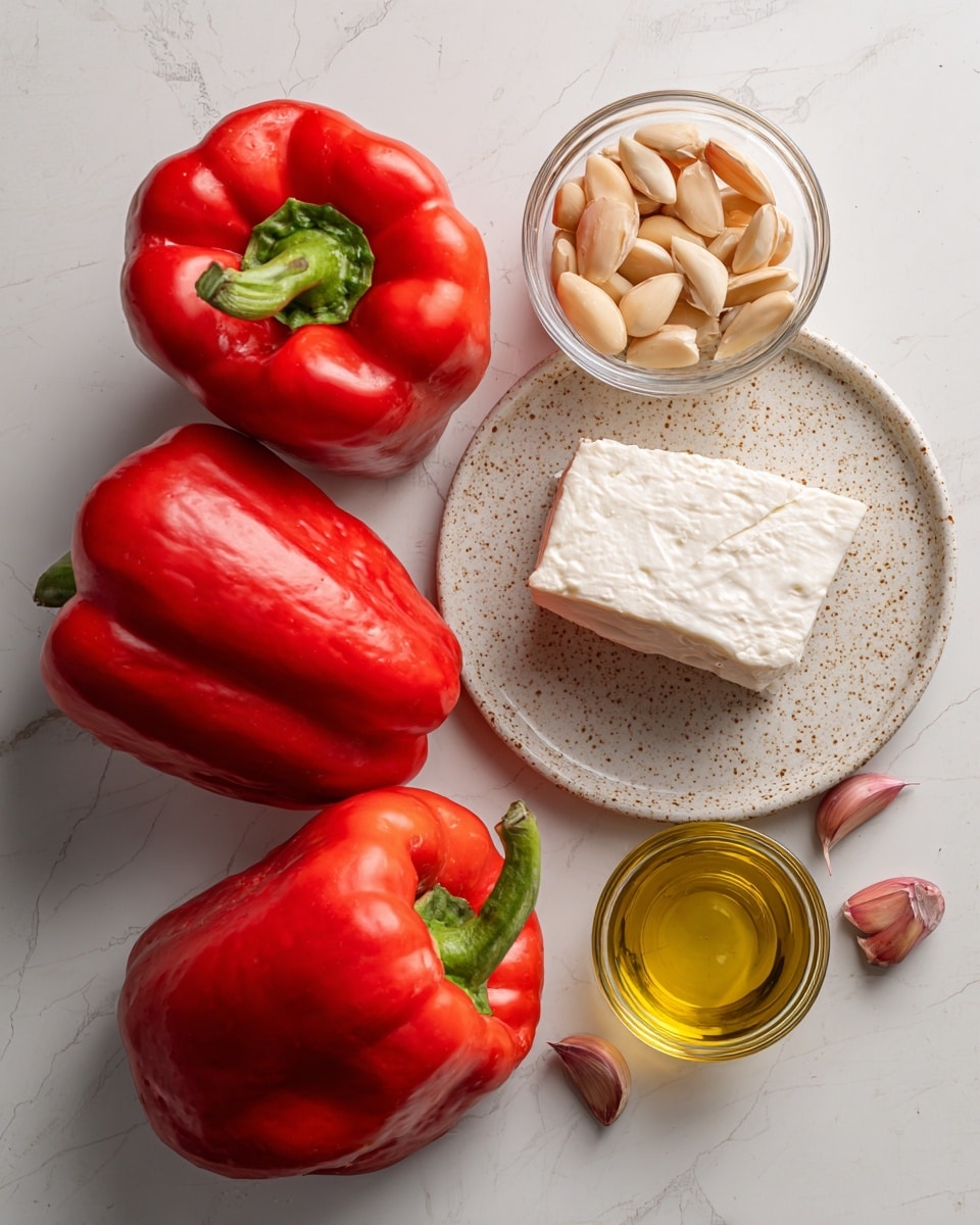 The image shows raw ingredients arranged on a white marbled surface: three bright red bell peppers with green stems, a block of white cheese on a small beige plate with speckled brown dots, a clear glass bowl filled with whole almonds, a few garlic cloves with pinkish white skins placed casually, and a small clear glass bowl holding golden olive oil. All items are clear and fresh with smooth textures. photo taken with an iphone --ar 4:5 --v 7