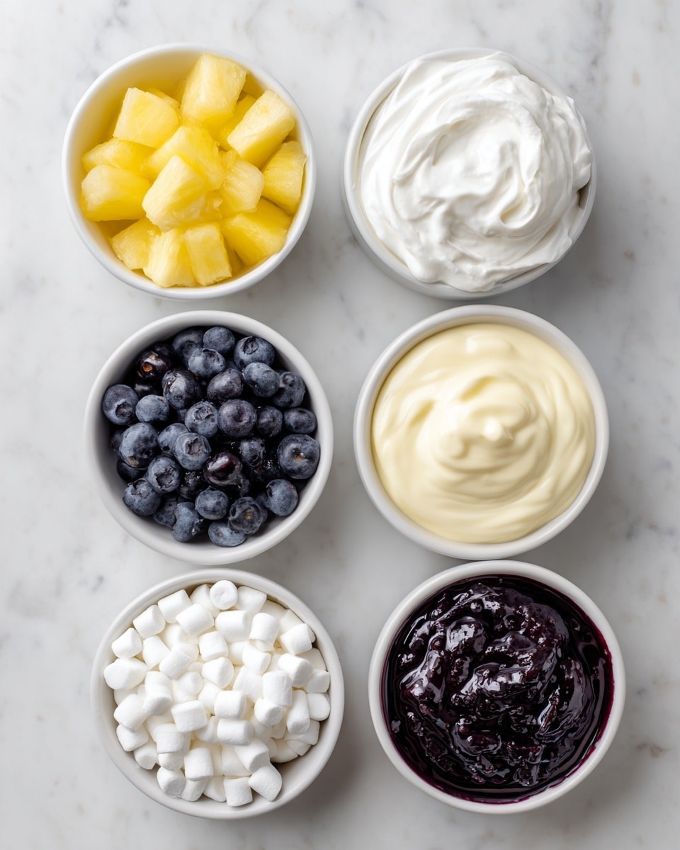 The image shows seven small white bowls arranged on a white marbled surface. Each bowl contains a different ingredient: the top left bowl is filled with yellow pineapple chunks, the top right bowl holds a smooth white cream labeled Cool Whip, the middle left bowl has creamy white sour cream, the middle center bowl contains dark fresh blueberries, the middle right bowl is filled with pale yellow sweetened condensed milk, the bottom left bowl is full of small white mini marshmallows, and the bottom right bowl holds dark purple blueberry pie filling with a shiny texture. Photo taken with an iphone --ar 4:5 --v 7