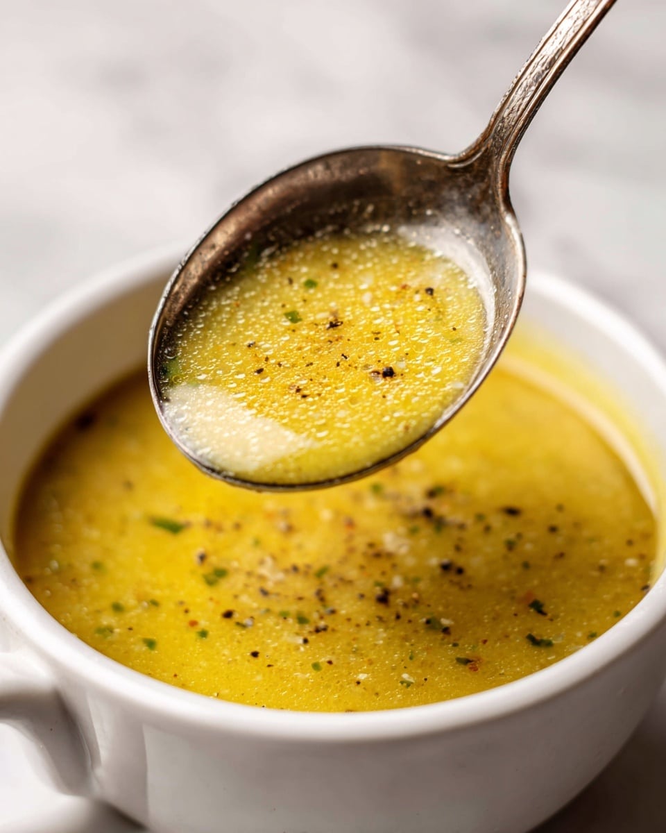 A close-up of a metal ladle filled with thick yellow soup that has a grainy texture with small bits and green specks, rising above a white bowl filled with the same soup, all set on a white marbled surface. The soup looks creamy with a slightly oily shine and small flecks of black pepper sprinkled on top, steam rising gently from it. photo taken with an iphone --ar 4:5 --v 7