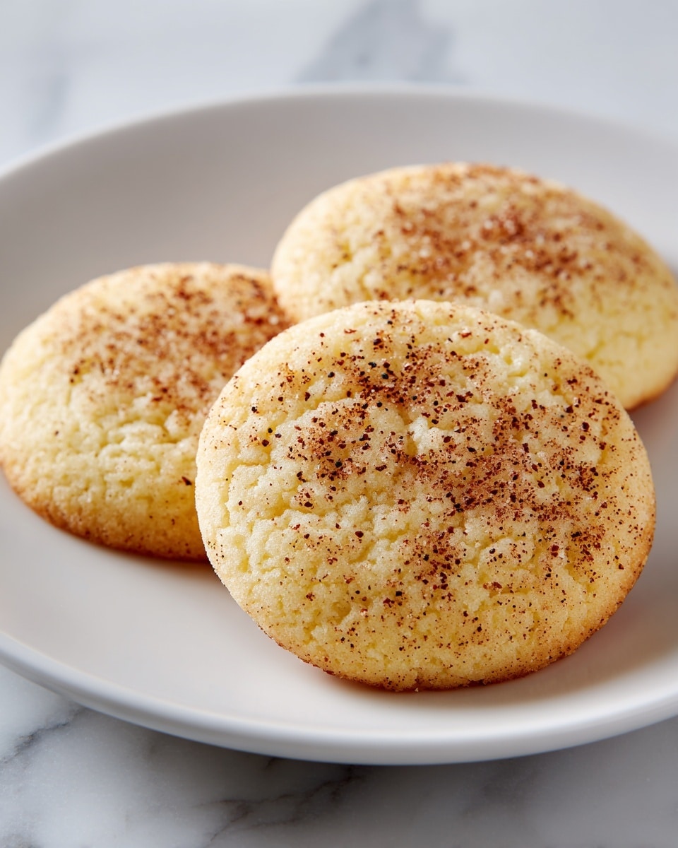 A close-up view shows three soft, round cookies placed closely together on a white plate. The cookies are pale yellow with a slightly cracked texture, and the tops are sprinkled lightly with a mix of fine cinnamon and sugar, giving a light brown speckled look. The edges of the cookies show a gentle golden brown tone, hinting at a light baking. The plate rests on a surface with a white marbled texture, adding elegance to the simple presentation. photo taken with an iphone --ar 4:5 --v 7