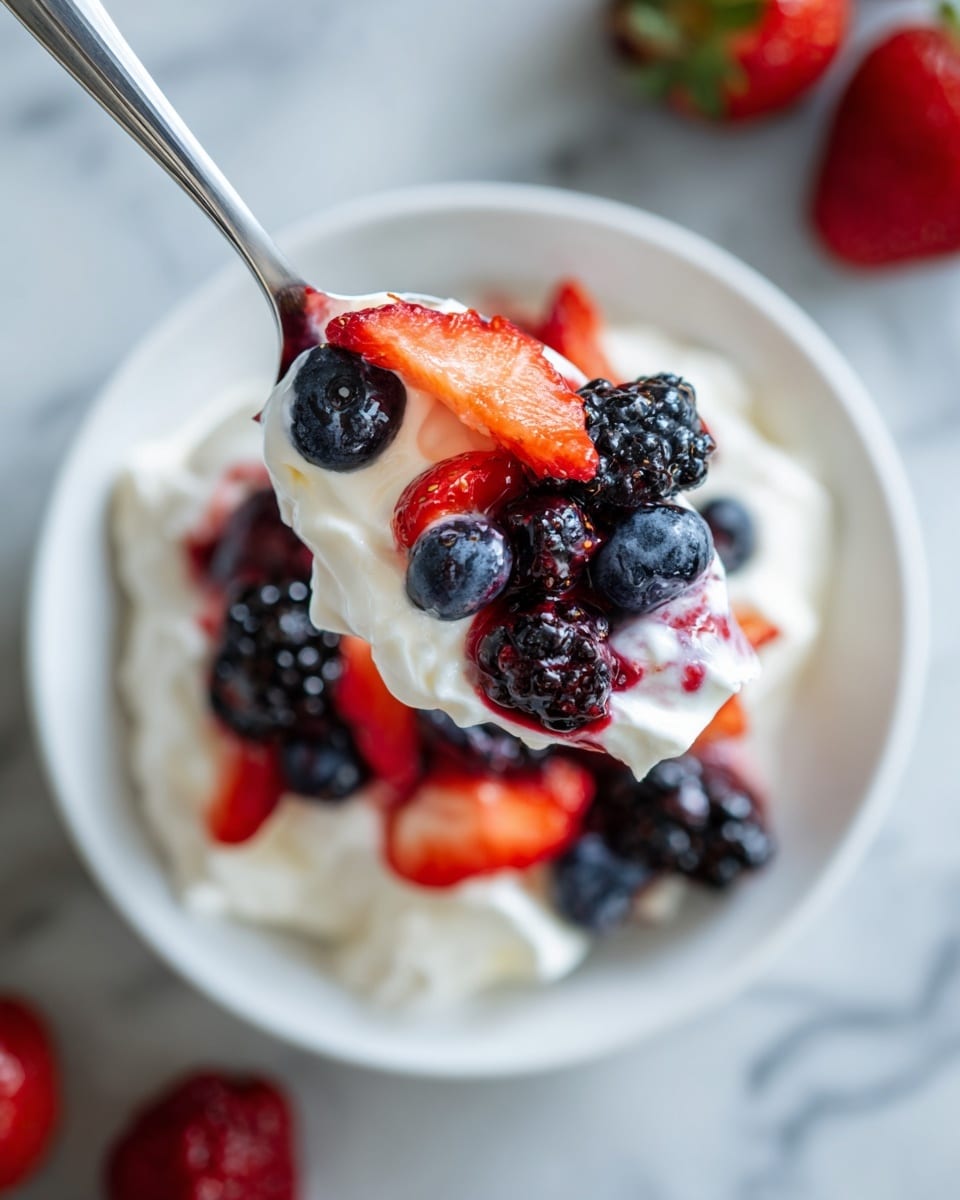 A close-up of a spoon holding mixed berries and white creamy yogurt, with visible blackberries, blueberries, and strawberries covered in the creamy yogurt. Below is a white plate filled with a thick layer of white creamy yogurt topped with a heavy layer of mixed berries including sliced strawberries, whole blueberries, and blackberries, showing vibrant red, blue, and black colors contrasted with the white creamy yogurt. The background has whole strawberries and a white marbled surface, creating a clean and fresh look. Photo taken with an iphone --ar 4:5 --v 7