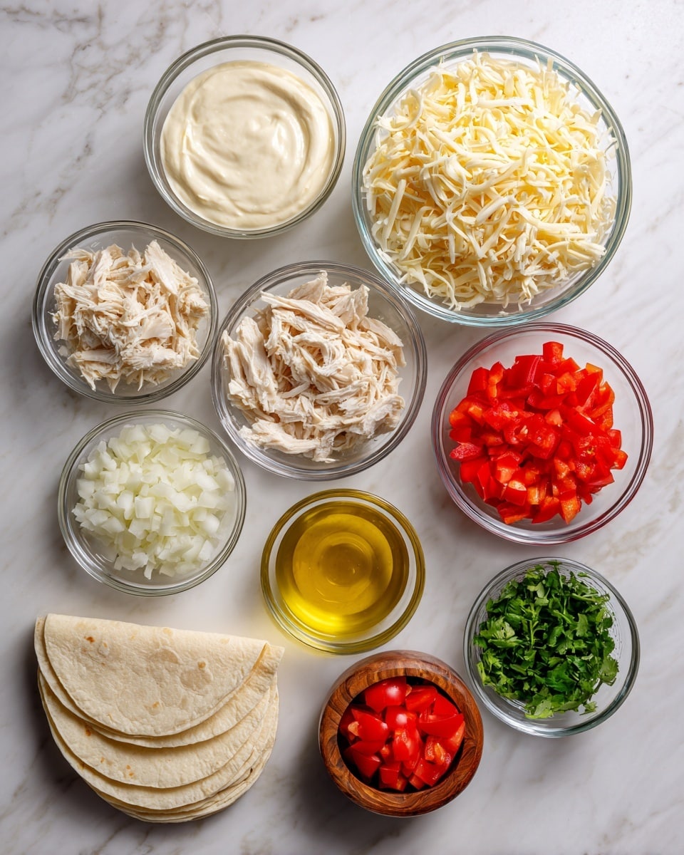 The image shows nine clear glass bowls and one small wooden bowl arranged on a white marbled surface. Each bowl contains a different ingredient: one has a creamy white mixture labeled cream of mushroom soup, another has a smooth pale yellow mixture called cream of chicken soup. A large bowl is filled with a mix of shredded white and pale yellow shredded cheese labeled Colby and Monterey jack cheese. There is a bowl with small, bright red diced pieces called bell pepper, and a bowl of finely chopped white pieces labeled sweet yellow onion. A bowl contains a shredded pale beige substance labeled chicken breast, and a small bowl has a golden yellow liquid labeled olive oil. Another bowl contains finely chopped green leaves labeled cilantro, while the last glass bowl holds bright red diced tomatoes labeled mild Rotel. Beside the bowls are a stack of seven off-white corn tortillas arranged neatly in a slightly fanned position. photo taken with an iphone --ar 4:5 --v 7