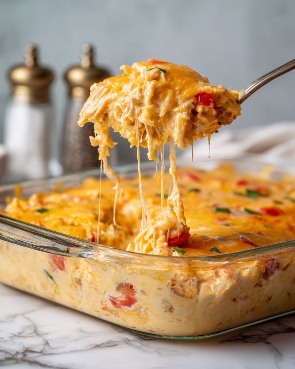 The image shows a large spoon lifting a scoop of cheesy casserole from a clear glass baking dish on a white marbled surface. The dish has a creamy, thick yellow-orange cheese layer on top, melted and stretchy, with visible chunks of red tomato and bits of green pepper mixed in. Under the cheese, there are creamy white layers filled with small pieces of shredded chicken and diced vegetables. The mix looks rich and gooey, with the spoon holding a generous portion covered mostly by bright melted cheese dripping back into the dish. In the background, there are salt and pepper shakers slightly blurred. Photo taken with an iphone --ar 4:5 --v 7