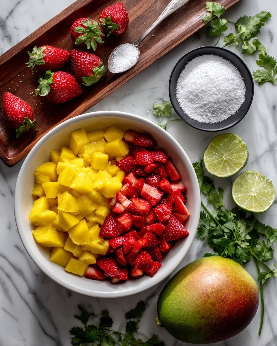 A white bowl contains two layers of small fruit pieces side by side, with bright yellow mango cubes on the left and red strawberry chunks on the right, showing a fresh and juicy texture. Around the bowl, a full large mango with a green and reddish skin sits on the right side, while three lime wedges with light green flesh are scattered near the bottom. A small black bowl filled with white powdered sugar is placed to the upper right of the bowl. Fresh bright green cilantro leaves with a smooth texture are also scattered around. Above, on a wooden tray, there are whole strawberries with green stems. A silver spoon with some white powder rests on the left side, all set on a white marbled surface. photo taken with an iphone --ar 4:5 --v 7