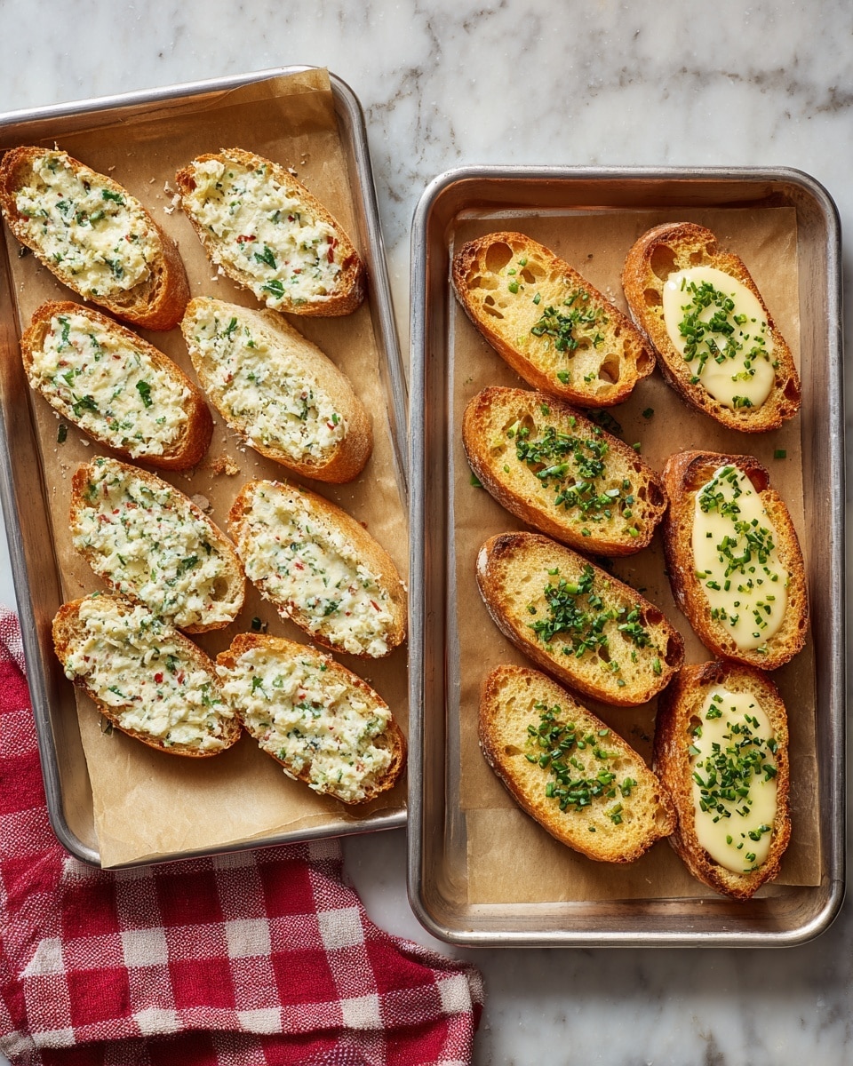 The image shows two metal baking trays lined with light brown parchment paper, each tray holding eight oval slices of bread. On the left tray, each bread slice is spread evenly with a creamy white mixture speckled with green and red herbs, giving a textured look. On the right tray, the same bread slices are now toasted to a light golden color, topped with melted butter and sprinkled with finely chopped green herbs all over the surface. Both trays are on a white marbled texture surface, with one tray next to a red and white checkered cloth. Photo taken with an iphone --ar 4:5 --v 7