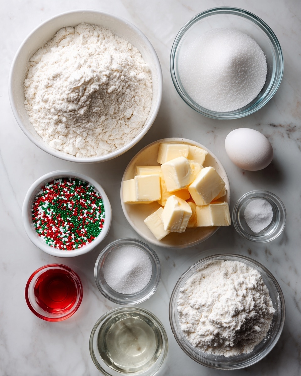 The image shows various baking ingredients placed neatly on a white marbled surface. At the top left, there is a white bowl filled with gluten-free all-purpose flour, which is white and powdery. To its right, a glass bowl holds fine white granulated sugar. Below the sugar and slightly to the left, a small white bowl contains red, green, and white sprinkles. Under the flour, a glass bowl with several pale yellow butter pieces sits. Next to the butter, on the right, a white egg lies on the surface. Below the egg, there is a small glass bowl filled with white baking powder, and near it are tiny bowls with salt and two clear liquids labeled as almond extract and vanilla extract. At the bottom left, a small container of red gel food coloring is visible. The layout is clean and organized, giving a clear view of all the ingredients. Photo taken with an iphone --ar 4:5 --v 7