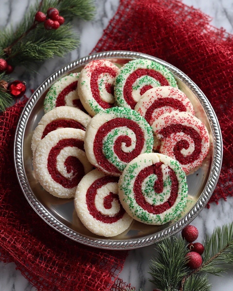 A silver tray holds a circle of red and white spiral cookies, each cookie featuring two thick layers twisted in a swirl pattern. The red layers are bright and smooth, contrasting with the softer white dough layers. Green and red sprinkles decorate the edges of most cookies, adding extra color and texture. The tray rests on a white marbled surface covered with a red mesh fabric, with green pine leaves and red holiday decorations nearby. The photo taken with an iphone --ar 4:5 --v 7