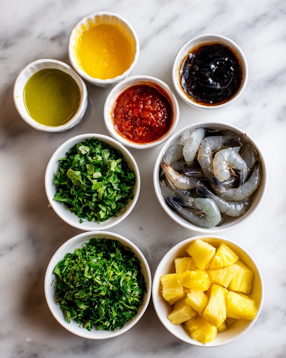 The image shows seven small white bowls arranged on a white marbled surface. In the top row, there are three bowls with different liquids: a bright yellow sauce on the left, a dark brown sauce on the right, and a vibrant red sauce in the center. Below these, two bowls contain fresh ingredients: finely chopped green herbs on the left and a few raw shrimp with a grayish-blue color in the middle. The far-right bowl holds bright yellow pineapple chunks. The bowls and their colorful contents create a neat and fresh appearance. photo taken with an iphone --ar 4:5 --v 7