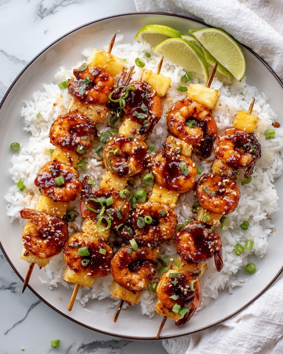 A white plate with a thin dark rim holds a bed of white rice covering the base. On top, there are five wooden skewers arranged side by side, each layered with golden brown grilled pineapple chunks and reddish shrimp coated in a shiny dark brown sauce. The sauce glistens over the shrimp and pineapple, giving a sticky look. Scattered green onion pieces and small white onion pieces are sprinkled over the skewers, adding green and white touches. Two lime wedges sit at the plate's top edge. The plate is placed on a white marbled surface, and to the right, part of a white cloth is visible. photo taken with an iphone --ar 4:5 --v 7