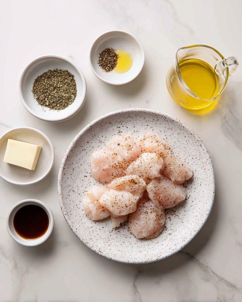 The image shows a white speckled plate filled with several thin, raw, pale pink meat pieces spread flat. Around it, five small white bowls and a glass measuring cup hold separate ingredients: a small bowl of dried herbs, a bowl of light yellow oil, a small bowl with a pale solid chunk that looks like butter, a glass measuring cup filled with light yellow liquid, and a small white bowl with dark brown sauce. All items rest on a white marbled surface. photo taken with an iphone --ar 4:5 --v 7