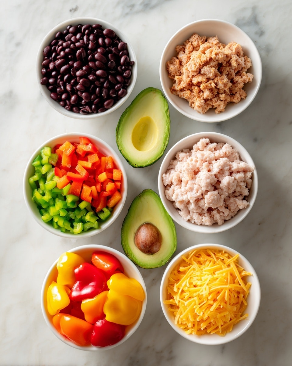 The image shows seven white bowls arranged over a white marbled surface, each with different colorful food ingredients. The top row has two bowls: one filled with dark brown black beans and the other with light brown taco seasoning. Below them, the middle row shows a white bowl with a mix of diced orange, green, and red bell peppers on the left and a bowl of pale pink ground turkey on the right. The bottom row has a large white bowl full of mini sweet peppers in yellow, orange, and red colors on the left, and a small bowl with bright yellow shredded cheddar cheese on the right. In front of these bowls is a sliced avocado showing its green flesh and pit in the center photo taken with an iphone --ar 4:5 --v 7