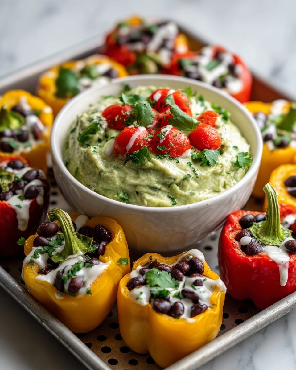 The image shows a white bowl filled with smooth green guacamole topped with small red tomato pieces and fresh cilantro leaves. One yellow mini bell pepper, hollowed and filled with black beans and a light drizzle of white sauce, is dipped into the guacamole. Around the bowl, more mini bell peppers in yellow and red colors are also filled with black beans and drizzled with white sauce, placed on a metal perforated tray on a white marbled surface. Photo taken with an iphone --ar 4:5 --v 7