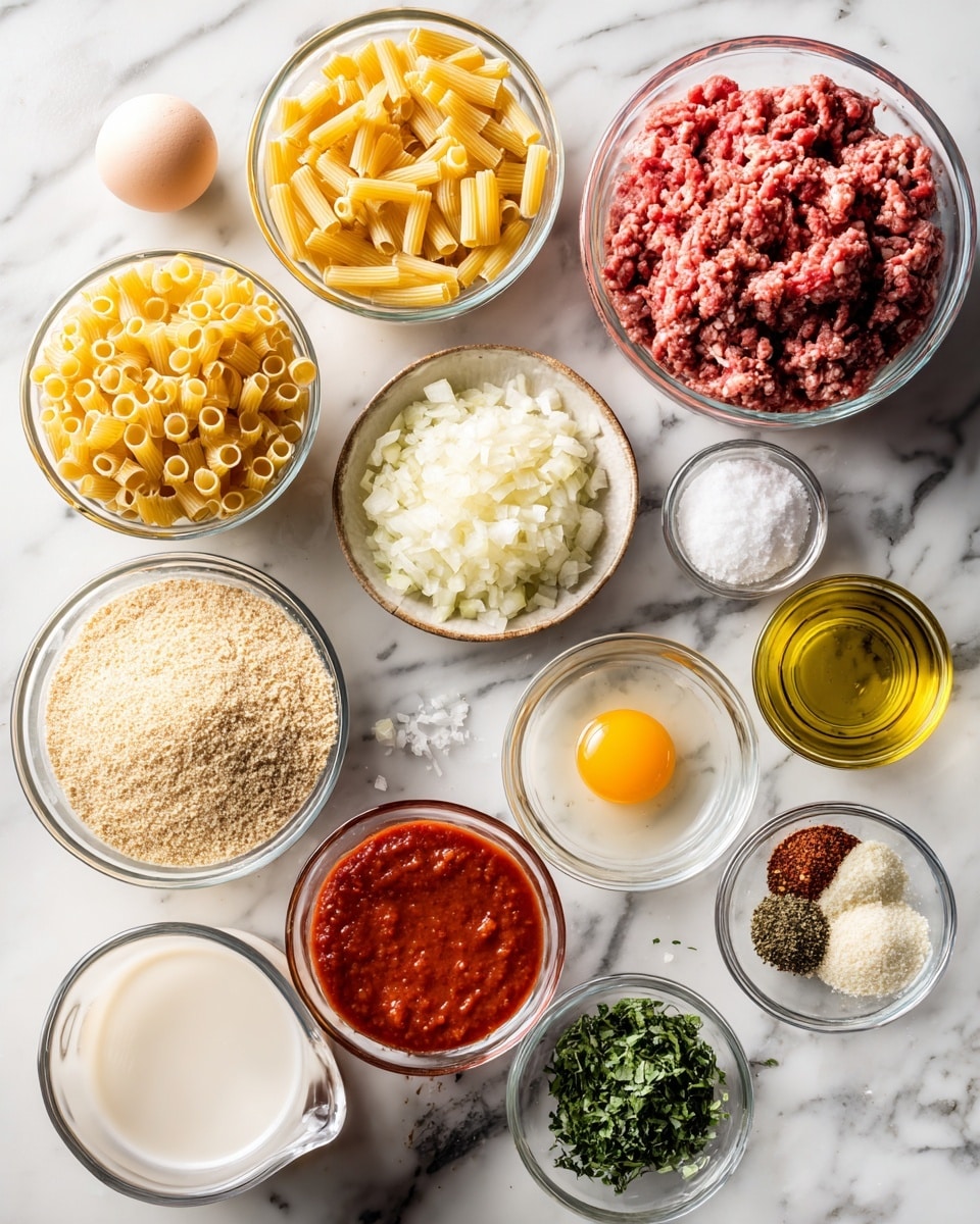 The image shows multiple small clear glass bowls arranged on a white marbled surface with various ingredients inside them. Starting from the top left corner, there is a bowl with small yellow tube pasta, next to it is a bowl containing finely chopped white garlic. To the right of the garlic is a large clear measuring cup filled with light brown chicken stock. Below the stock is a bowl of finely chopped white onion, and next to that is a bowl filled with grated pale yellow parmesan cheese. In the middle center is a round bowl with raw ground beef showing a mix of red and white textures. To the left of the beef is a small bowl with a raw brown egg. Below the egg is a small bowl with clear liquid milk. Below the milk is a bowl of red marinara pasta sauce with a smooth texture. To the left of the sauce is a bowl with finely ground whole wheat breadcrumbs in a light tan color. Just above the breadcrumbs is a small bowl with clear golden olive oil. Around the rest of the image are tiny bowls with dried green parsley, dried green basil, crushed red pepper flakes, and salt and pepper seasoning, all distinctly visible in clear bowls. The overall setup is neat, ingredients are clearly separated, and the color contrast between red, green, yellow, and white elements is vivid. photo taken with an iphone --ar 4:5 --v 7