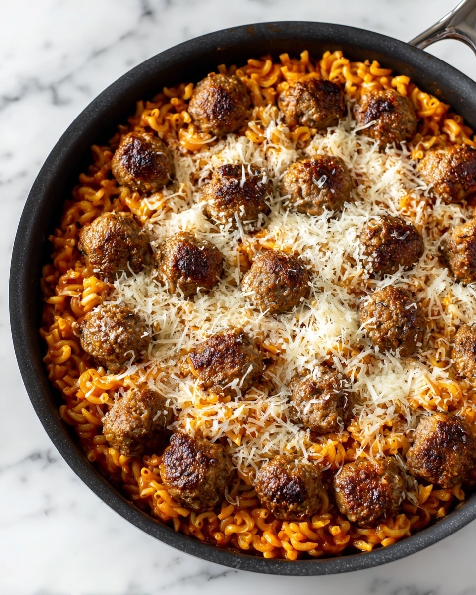 The image shows a black skillet filled with three layers of food. The bottom layer is small pasta pieces cooked in a reddish-orange sauce, covering the entire pan. On top of the pasta, there is a layer of browned meatballs placed closely together, mostly around the edges and some scattered in the middle. The top layer is a generous sprinkle of grated white cheese spread unevenly over the center and some parts of the meatballs. The skillet is set on a white marbled surface. photo taken with an iphone --ar 4:5 --v 7