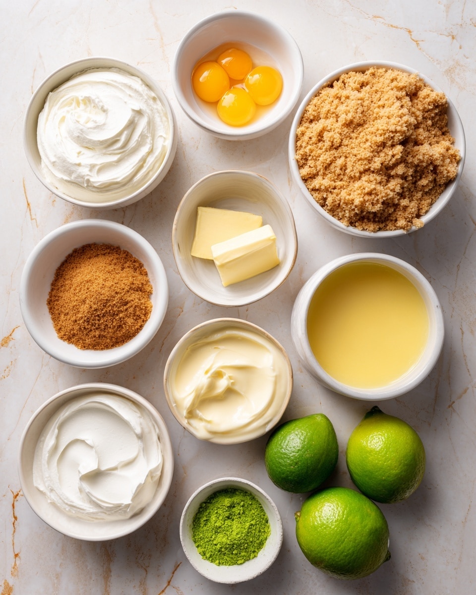 This image shows nine small white bowls and two green key limes arranged on a white marbled surface. The first bowl has a thick, creamy white layer of cream cheese at the top left. Below it and slightly to the left is a small bowl with three bright yellow egg yolks. To the right of the egg yolks is a large bowl filled with light brown, crumbly gluten-free graham crackers. Below the graham crackers is a smaller bowl filled with smooth, bright yellow melted butter. Below the bottom left corner of the melted butter is a white bowl with a smooth and slightly shiny pale yellow layer of condensed milk. Next to that on the left is a small bowl filled with crumbly brown coconut sugar. At the bottom left of the image is a white bowl filled with thick, creamy white Greek yogurt. A small bowl at the center right holds bright green, finely grated key lime zest, with two whole key limes next to it. Another whole key lime and a whole lime are placed near the bottom, completing the arrangement. The bowls and ingredients create a neat, colorful display on the light marbled background. photo taken with an iphone --ar 4:5 --v 7
