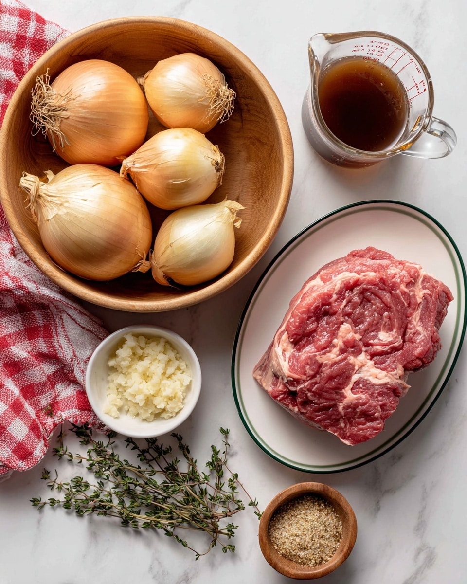 A top view of several cooking ingredients arranged neatly on a white marbled surface. On the left, a light brown wooden bowl holds five whole onions with papery skins, showing shades of yellow and light brown. To the right of the bowl, there is a small clear glass measuring cup with brown beef stock inside. Below the beef stock, an oval white plate with a green rim holds a large piece of raw beef chuck or round roast, showing marbled light red and pink textures. Near the beef, several sprigs of fresh thyme with green woody stems and small leaves are scattered. Below the bowl of onions, there is a small round wooden bowl containing minced garlic that is off-white in color. Next to the garlic, a small white bowl contains a mix of dried onion soup seasoning made up of light brown and beige small pieces. A red and white checkered cloth is visible at the bottom left corner. The whole scene is well lit, clean, and simple. Photo taken with an iphone --ar 4:5 --v 7