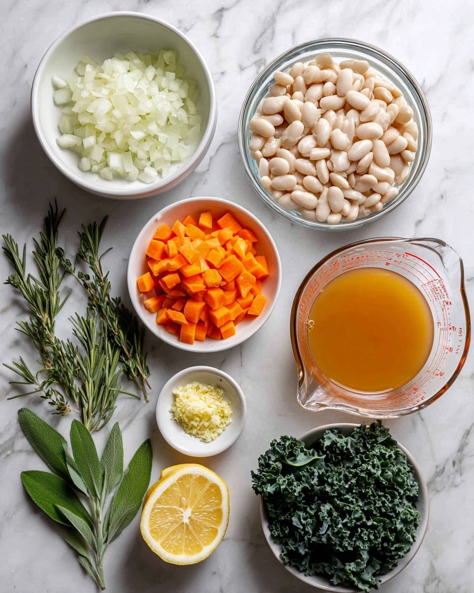 A top-down view shows several small white bowls and clear glass bowls arranged on a white marbled surface. The top left bowl contains finely chopped white onions with a soft texture. Below it, another white bowl holds bright orange chopped carrots with irregular shapes. The middle clear bowl shows white beans soaking in liquid, while a nearby white bowl contains dry white beans. To the right, a clear measuring cup is filled with orange-brown broth with a smooth surface. In the center, a lemon half with a bright yellow and juicy interior rests on the surface. Fresh green herbs are spread along the bottom left, including rosemary with thin needles, thyme with small leaves, and broad basil leaves. A clear bowl at the bottom right contains curly dark green kale leaves. Minced light yellow garlic sits in a small white dish, and a white bowl of chopped pale green celery completes the layout. photo taken with an iphone --ar 4:5 --v 7
