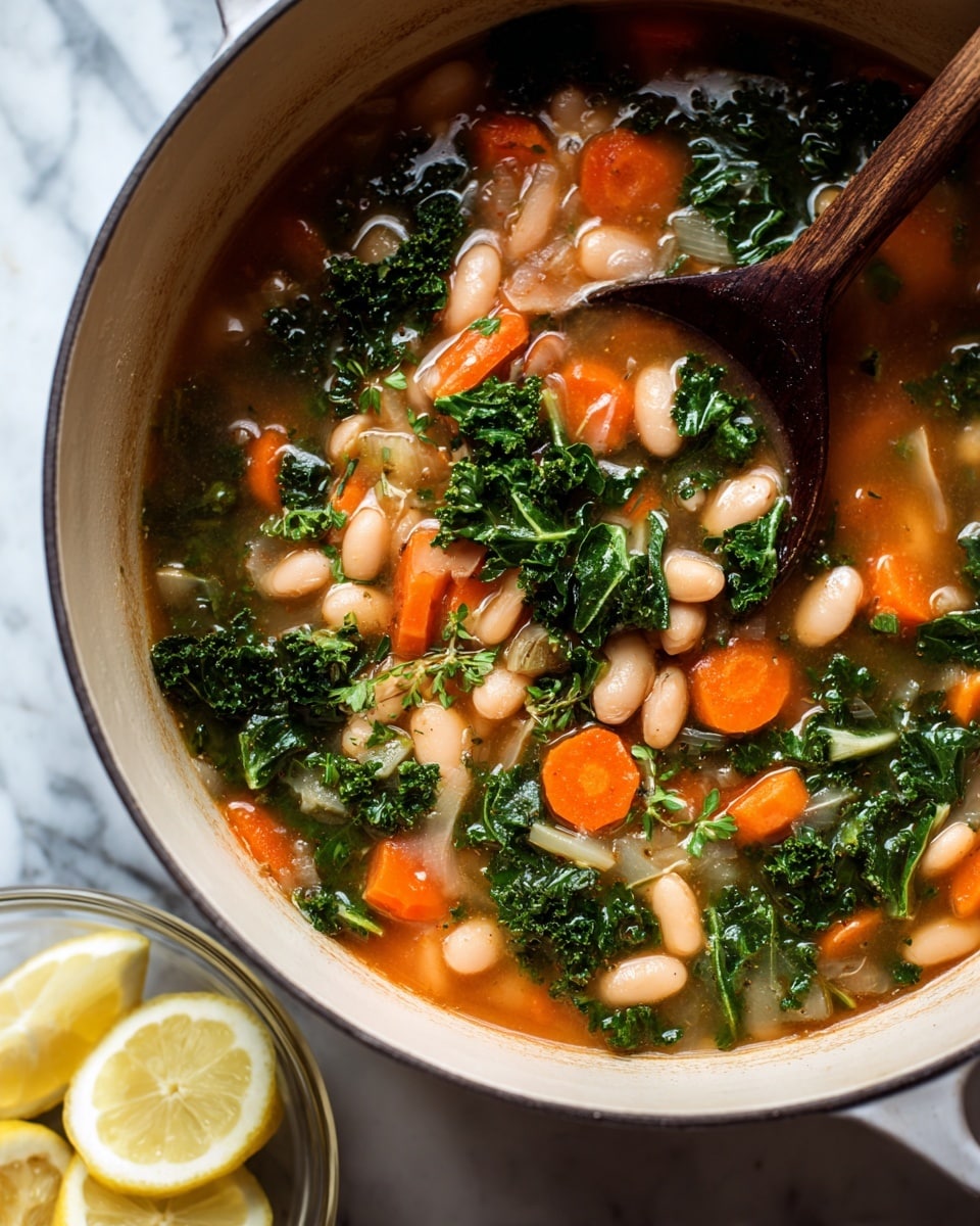 A close-up view of a white pot filled with a hearty soup showing three main layers: a light brown broth base, scattered white beans, and bright layers of chopped orange carrots and green leafy kale. A dark wooden spoon rests inside the pot, stirring the soup and slightly covered with bits of green herbs. In the lower right corner, there is a clear glass bowl holding lemon wedges, all set on a white marbled surface. photo taken with an iphone --ar 4:5 --v 7