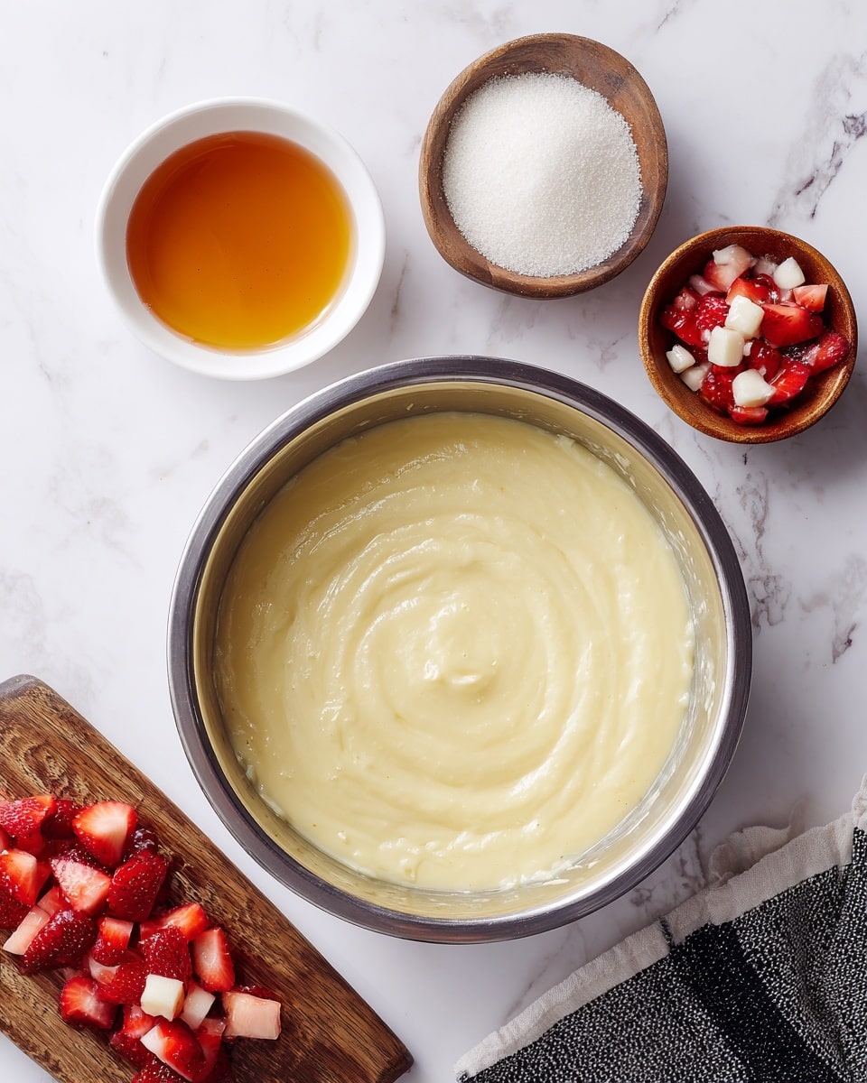 A shiny silver bowl sits on a white marbled surface filled with creamy, smooth pale yellow mixture that looks soft and thick. To the left of the bowl is a small white bowl containing a rich amber-colored liquid, likely honey, and above it is a small wooden bowl holding white granulated sugar. On the right side, a wooden board displays small, bright red chopped pieces of strawberry with white flesh visible. A black and white cloth lies under the silver bowl near the bottom right corner. photo taken with an iphone --ar 4:5 --v 7