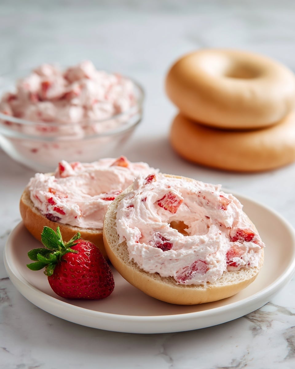 A white plate with two halves of a plain bagel, each spread thickly with smooth, light pink cream cheese that has small pieces of red strawberries mixed in. In the background, there are two plain bagels stacked and a clear glass bowl filled with the same strawberry cream cheese. A fresh strawberry with a green leafy top sits on the white marbled surface near the plate. The colors are soft and fresh, highlighting the creamy texture and the bright red strawberry bits in the cream cheese. Photo taken with an iphone --ar 4:5 --v 7