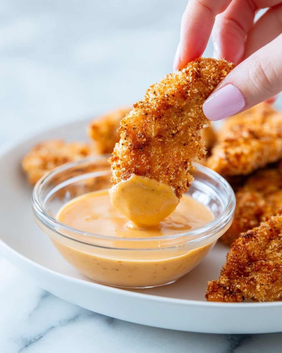 A close-up of a golden brown fried chicken tender held by a woman's hand dipping into a creamy, light orange sauce in a clear glass bowl placed on a white plate, the chicken tender has a crispy, rough texture with some darker spots, and the sauce covers the tip of the tender, with more chicken tenders blurred in the background on a white marbled surface photo taken with an iphone --ar 4:5 --v 7