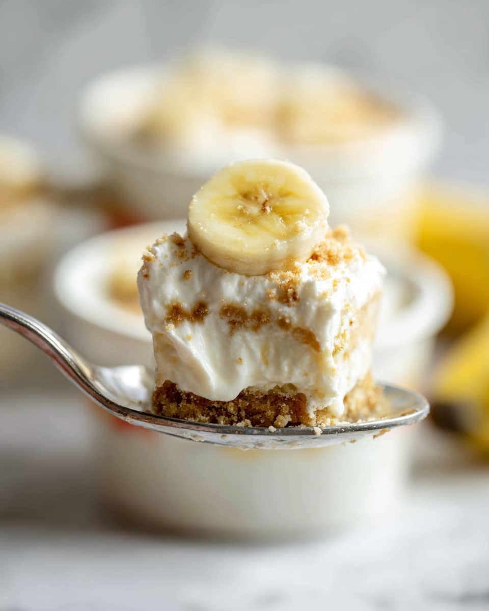 A close-up view of a white spoon holding one slice of a yellow banana on top of a thick, fluffy white cream layer mixed with small brown chunks, showing a soft texture. The background is blurred with hints of the same creamy dessert in white containers with yellow and red details, all placed on a white marbled surface. Photo taken with an iphone --ar 4:5 --v 7