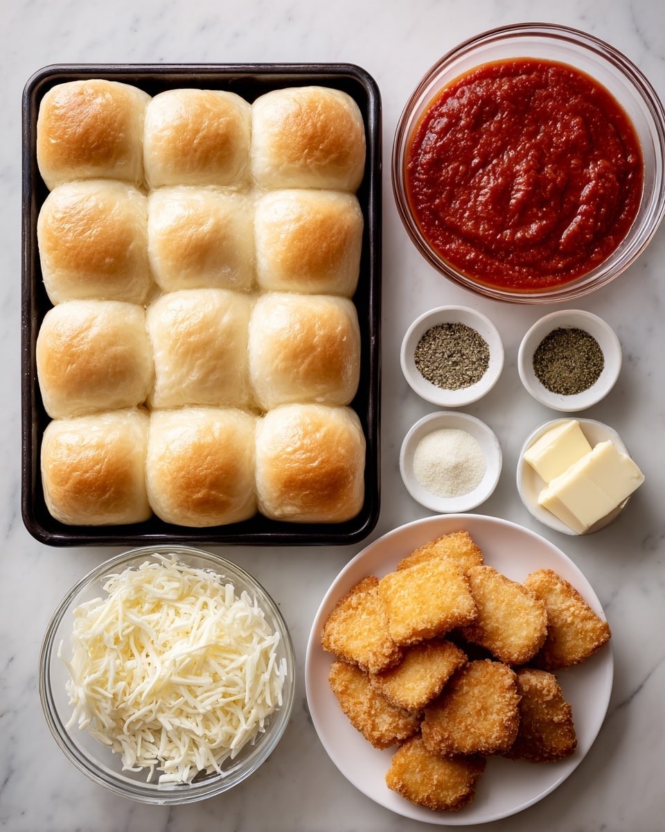 A rectangular tray filled with 12 golden brown Hawaiian rolls with soft tops occupies the top left. To the right, a clear round bowl contains thick, bright red marinara sauce with a textured surface. Below, three small white dishes hold light beige garlic powder, dark green Italian seasoning, and finely grated white Parmesan cheese. Near the bottom left, a stick of pale yellow butter rests directly on the white marbled surface, beside a glass bowl filled with shredded white mozzarella cheese. On the bottom right, a white plate holds about ten golden brown chicken nuggets with crispy textures. The whole scene is set on a white marbled surface, photo taken with an iphone --ar 4:5 --v 7