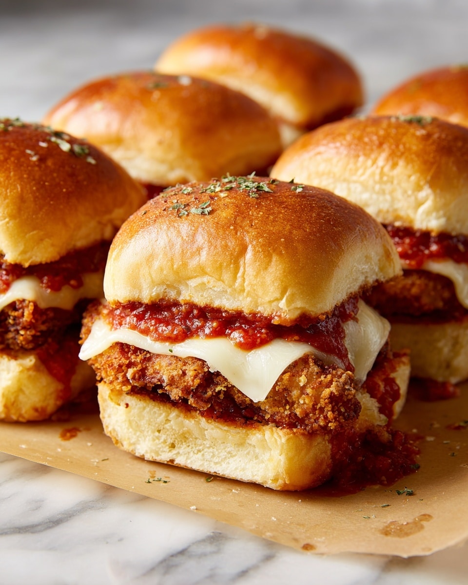 A close-up view of a row of soft, shiny, golden-brown sandwich buns sprinkled with herbs on top. Inside each sandwich, there are three layers: a crispy, light brown fried piece of chicken at the bottom, bright red tomato sauce in the middle spreading slightly out, and a smooth, white melted cheese layer just above the chicken and sauce. The sandwiches sit on a light parchment paper on a white marbled surface, with some tomato sauce spilled around. The edges of the buns are slightly puffy and soft-looking, showing the fluffy texture inside. photo taken with an iphone --ar 4:5 --v 7