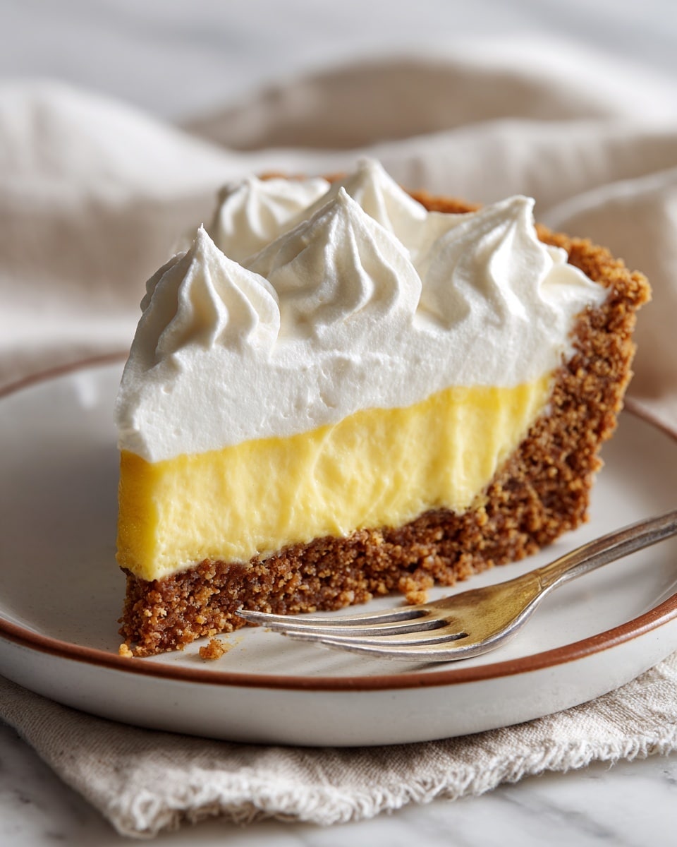 A slice of pie with three layers sits on a white plate with a thin brown rim on a white marbled surface. The bottom layer is a crumbly brown crust, rough in texture. Above that is a thick, smooth, pale yellow layer of filling. The top layer is a thick, white whipped topping with soft peaks and swirls. A silver fork rests on the plate next to the pie slice. The background shows soft-textured white and light brown cloths under the plate. photo taken with an iphone --ar 4:5 --v 7