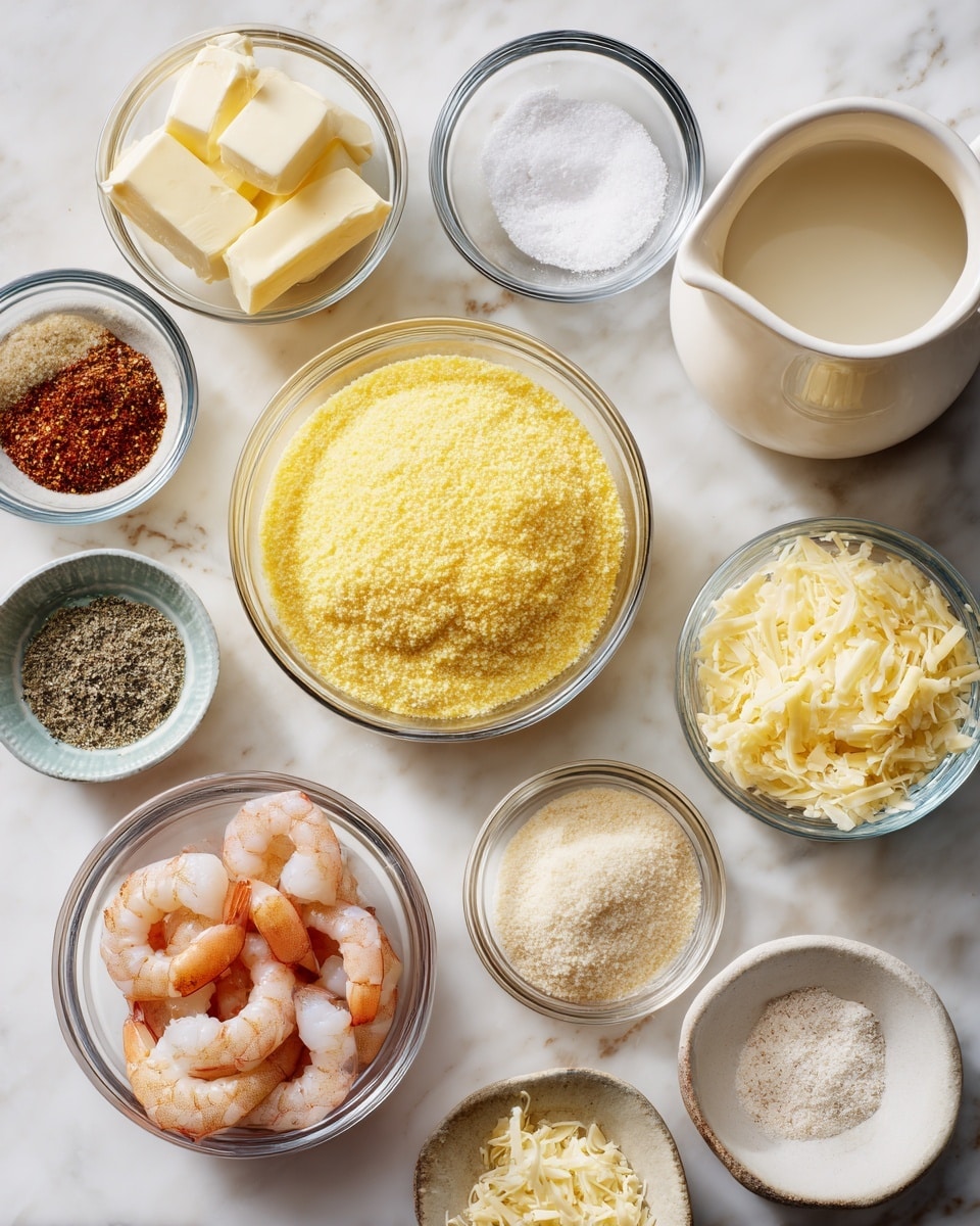 A top-down view of multiple clear glass bowls with cooking ingredients on a white marbled surface; in the center is a medium bowl of yellow grits with a fine, grainy texture; above it, two small bowls containing white salt and several cubes of pale yellow butter; to the left, a small bowl of finely ground black pepper and a small bowl of reddish-brown Cajun seasoning with herbs; below those, a small bowl of light beige garlic powder and another with small chopped white garlic cloves; to the right, a small bowl of shredded pale yellow cheddar cheese; next to it, a white ceramic pitcher filled with water and another with milk; at the bottom center, a medium bowl with several raw shrimp, their pinkish-orange bodies and dark tails visible; each bowl is labeled with black text directly over the contents, set against the white marbled surface photo taken with an iphone --ar 4:5 --v 7
