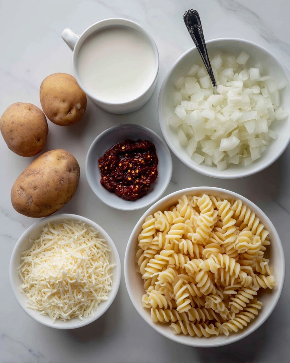 The image shows a white marbled surface with several ingredients arranged on it. At the back, there are three whole brown potatoes. In front of the potatoes, there is a white cup filled with a smooth white liquid, likely milk or cream. Next to the cup, there is a small white bowl holding a dark red chili paste with seeds visible, with a silver spoon resting inside it. In the center, a white bowl is filled with chopped white onions, showing their flaky texture. On the right side, there is a large white bowl containing uncooked spiral pasta with a pale yellow color. Below the pasta bowl, a smaller white bowl contains finely shredded white cheese with hints of red seasoning mixed in. photo taken with an iphone --ar 4:5 --v 7