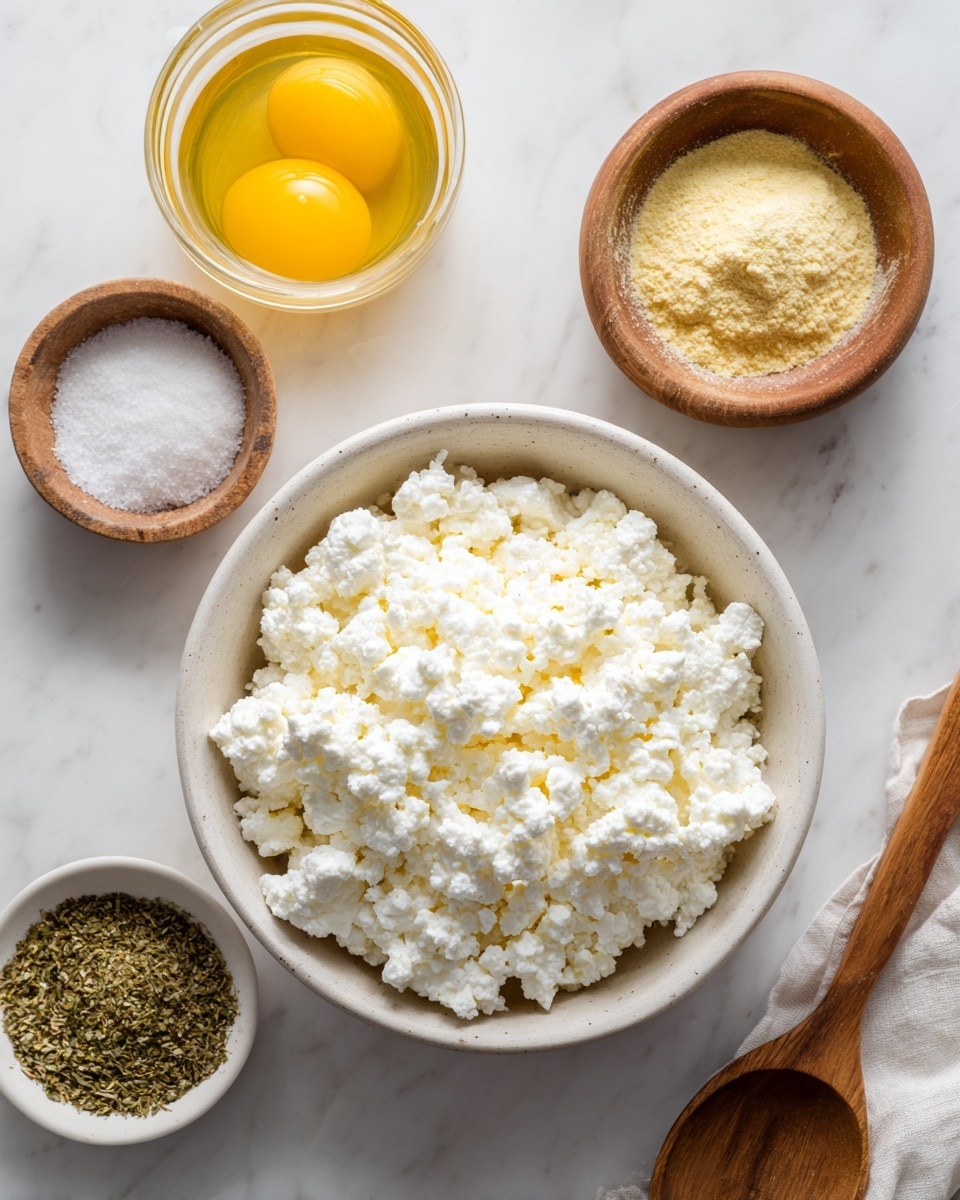 A white bowl filled with a large amount of chunky white cottage cheese sits at the center on a white marbled surface; above it, a wooden bowl with light beige onion powder rests to the right of a smaller wooden bowl containing yellowish garlic powder; to the left of the cottage cheese bowl, there is a clear container holding yellow egg whites, and below, a small white dish contains coarse green Italian seasoning. photo taken with an iphone --ar 4:5 --v 7