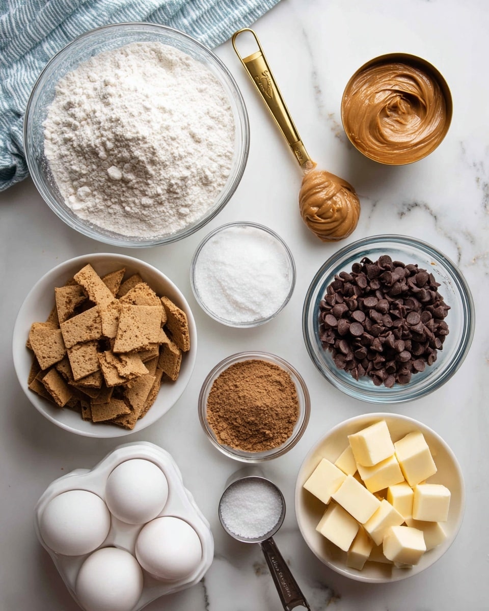 The image shows various baking ingredients arranged neatly on a white marbled surface. From the top left, there is a part of a blue and white striped cloth, below it a large clear glass bowl filled with white granulated sugar. Next to it on the right is a golden measuring cup filled with smooth peanut butter. Beside that, a small clear glass bowl with a white powder, likely baking powder, and next to it a larger clear glass bowl with white flour, showing a small well in the middle. Below these, on the right side, is another clear glass bowl filled with dark chocolate chips. In the center of the image, there is a white bowl piled with broken pieces of brown graham crackers. At the bottom left, three white eggs rest on a white egg holder with some spaces empty. To the right of the eggs, a clear glass bowl holds evenly cut yellow butter squares. Below the graham cracker bowl, a metal measuring cup with cocoa powder is placed, and just above it, a small silver measuring spoon holds salt or a fine white ingredient. The overall scene is bright and organized, with the ingredients standing out clearly on the white marbled background photo taken with an iphone --ar 4:5 --v 7