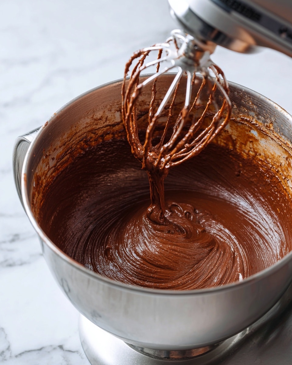 The image shows a close view inside a metal mixing bowl attached to a stand mixer. Inside the bowl, a thick, smooth, dark brown batter is being mixed by the whisk attachment. The batter has a glossy texture and swirls are visible where it is being stirred. The bowl has some splashes and smeared batter on its sides. The background is a white marbled surface. photo taken with an iphone --ar 4:5 --v 7