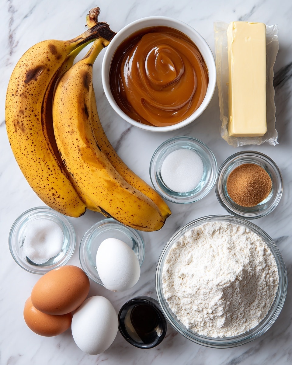 Three ripe bananas with brown spots lie on a white marbled surface on the left side. Above them, a white bowl with caramel sauce shows smooth, shiny, brown liquid. To the right of the bananas, a stick of butter rests on its wrapper. Below the caramel sauce and butter, two small clear glass bowls show white salt and white baking soda and powder. In the bottom right corner, a large clear glass bowl is filled with white flour. Two white eggs are placed near a small round white bowl filled with mixed brown and white sugars. A small black bowl filled with water is at the bottom near the sugars. The background is a clean white marbled texture. Photo taken with an iphone --ar 4:5 --v 7
