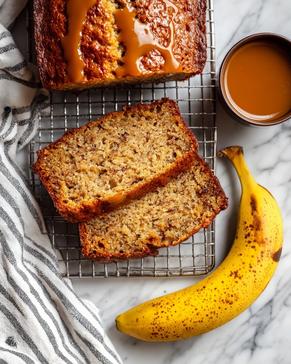 The image shows two slices of banana bread on a metal cooling rack over a white marbled surface. The top slice is thick with a golden-brown crust on one side and a moist, light brown inside with dark specks. The bottom slice has a drizzle of shiny caramel sauce running across the crumb texture. Near the rack, two yellow bananas with speckles lay side by side. A small, dark brown cup filled with caramel sauce is partially visible on the left side. A white cloth with black stripes is casually placed in the upper left corner. Photo taken with an iphone --ar 4:5 --v 7