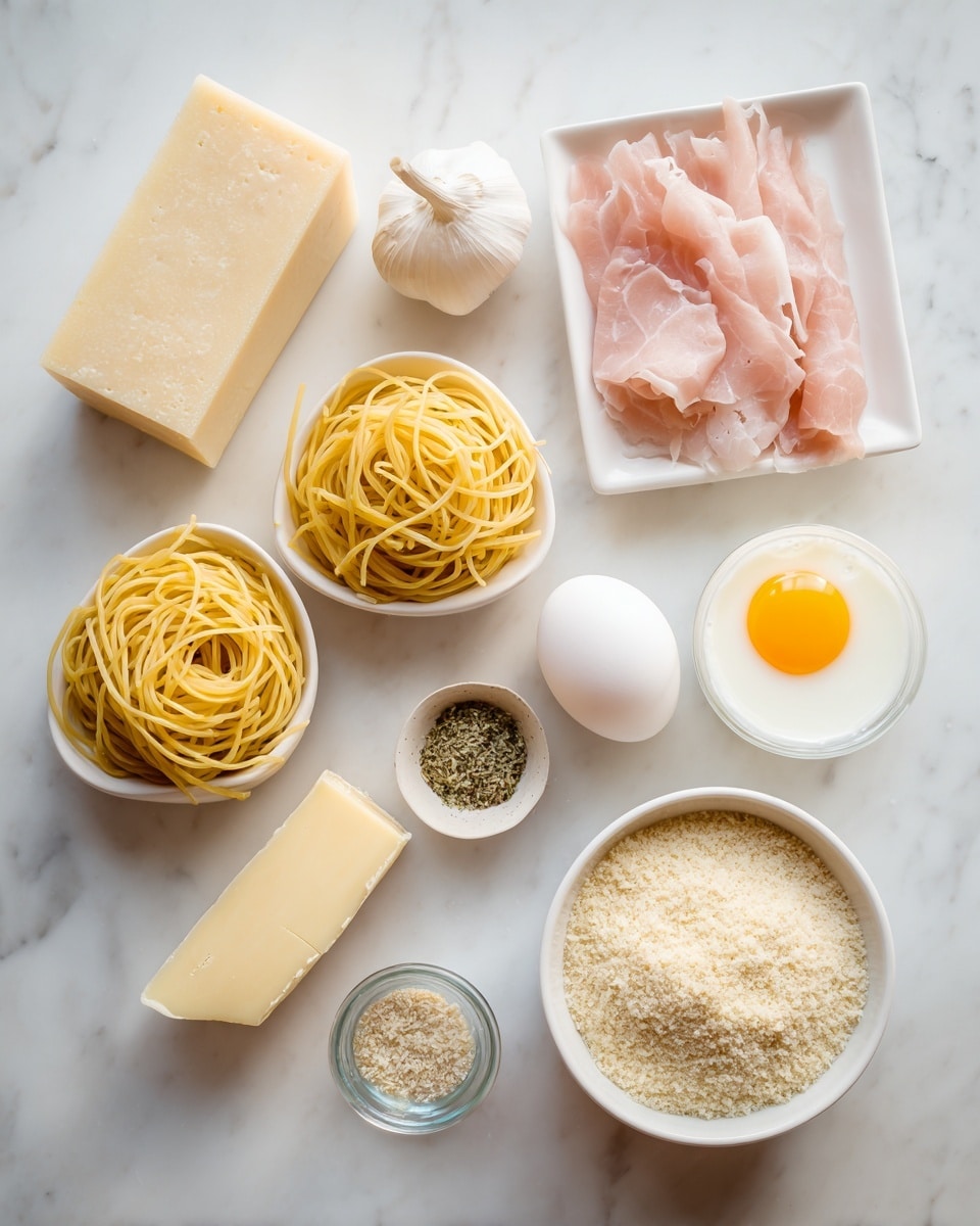 The image shows the ingredients laid out on a white marbled surface for a meal, including three nests of yellow dry pasta in a white bowl, a block of pale yellow cheese wedge, two white eggs, a bulb of garlic, a pack of thin raw light pink meat slices in clear plastic, a small stick of yellow butter, a carton of cream with a pink label, a small white bowl of pale flour, a small glass bowl with green and tan spices, and a white bowl filled with light beige breadcrumbs, all arranged separately in a neat manner, photo taken with an iphone --ar 4:5 --v 7