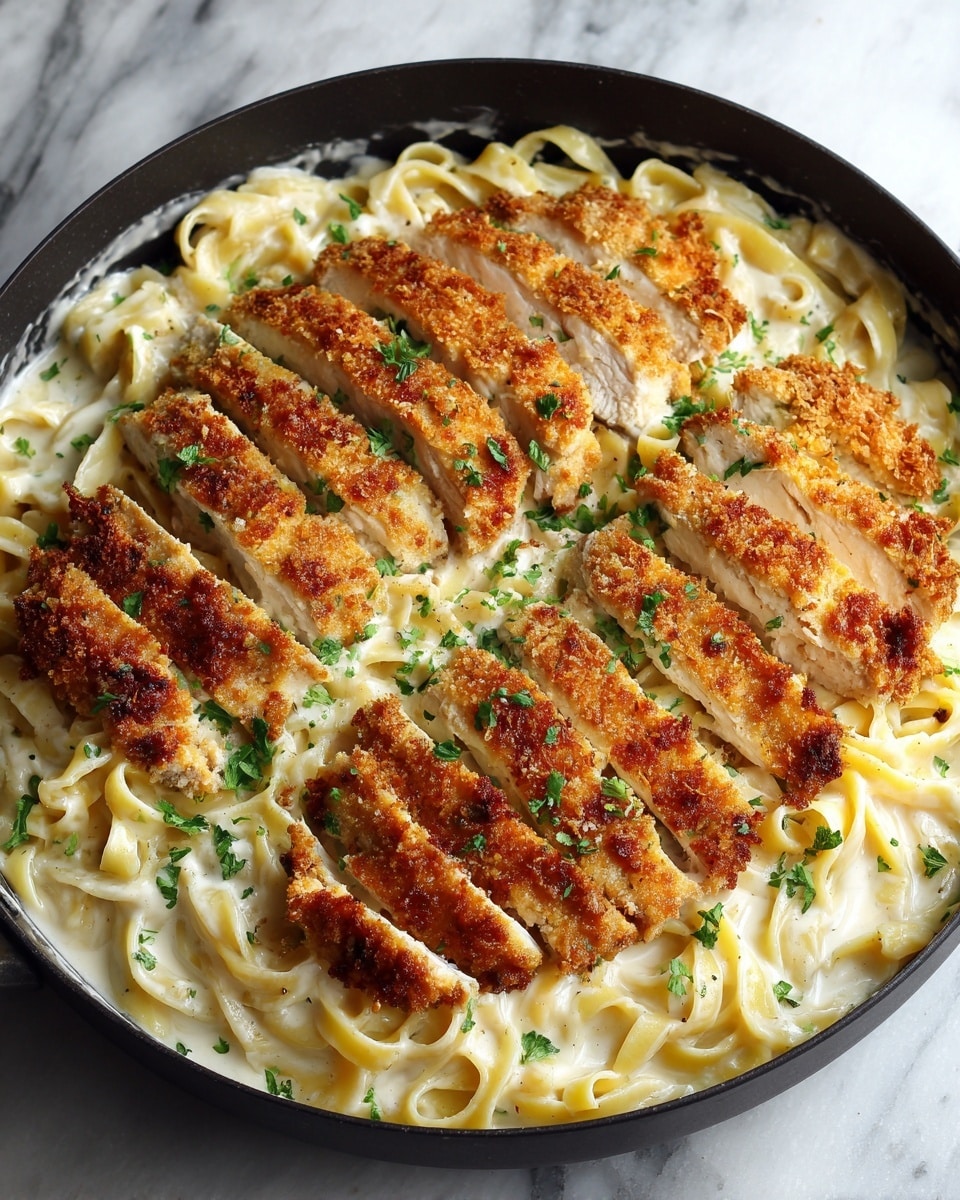 A round black pan filled with three layers; the bottom layer is creamy white fettuccine pasta, the middle layer is smooth off-white Alfredo sauce, and the top layer is sliced golden-brown crispy breaded chicken arranged in neat rows across the pasta, garnished with small green parsley leaves scattered evenly around. The pan sits on a white marbled surface. Photo taken with an iphone --ar 4:5 --v 7